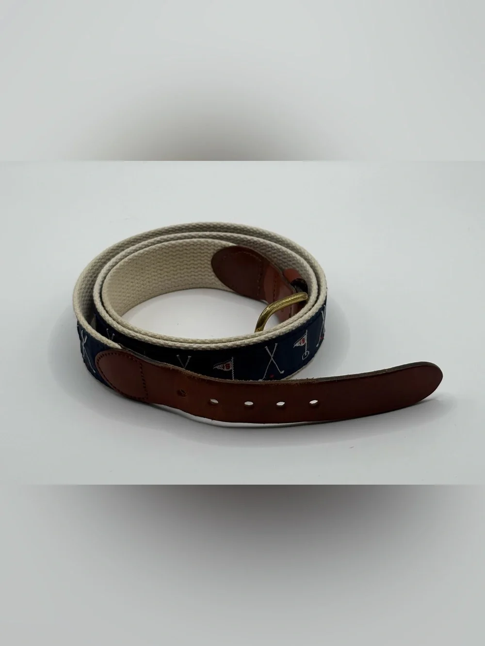 Leather Man Navy Golf Needlepoint Belt Size 42 Canvas Leather Trim Golf Club